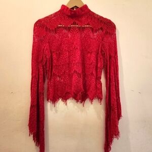Retro Sheer Red Lace Top Small
